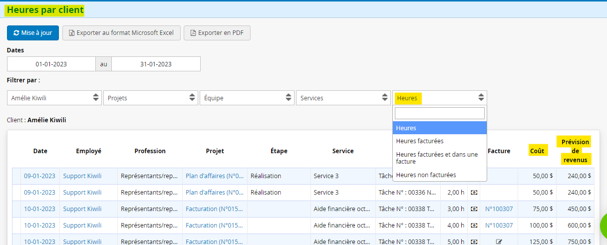 Rapport heures par client nouvelles colonnes heures facturables cout revenus
