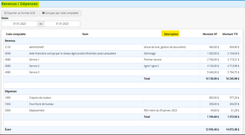 Rapport revenus et dépenses ajout de la description des produits services et postes de dépenses