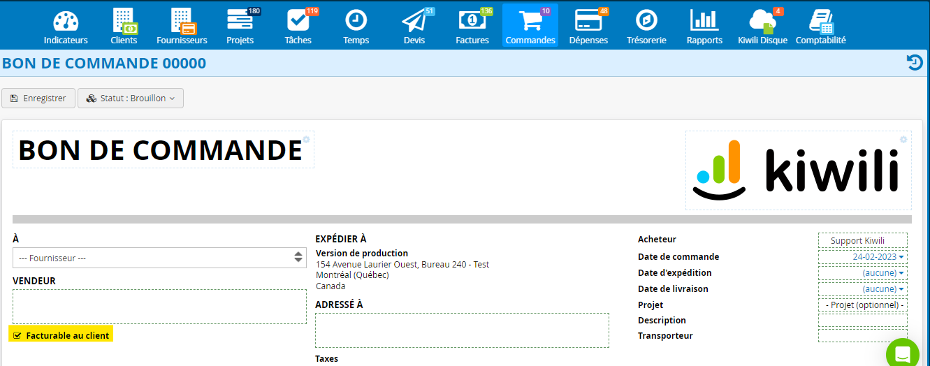 Bon de commande facturable au client
