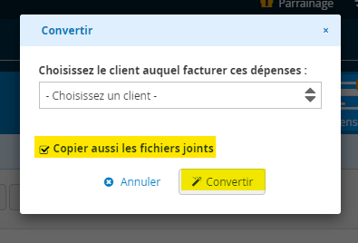 Convertir une depense en facture et inclure les fichiers joints