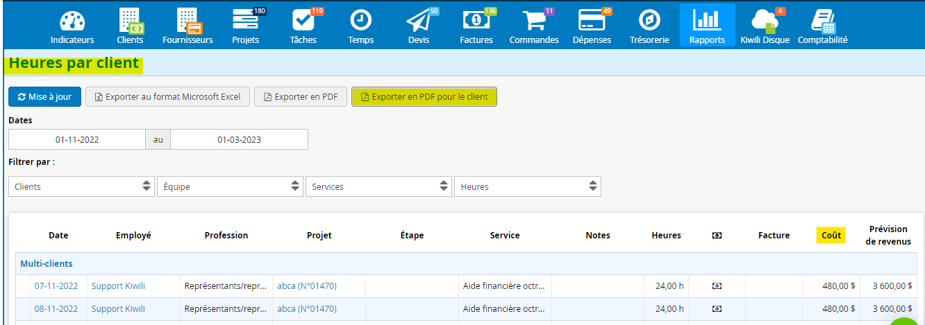 Rapport heures par client sans le cout