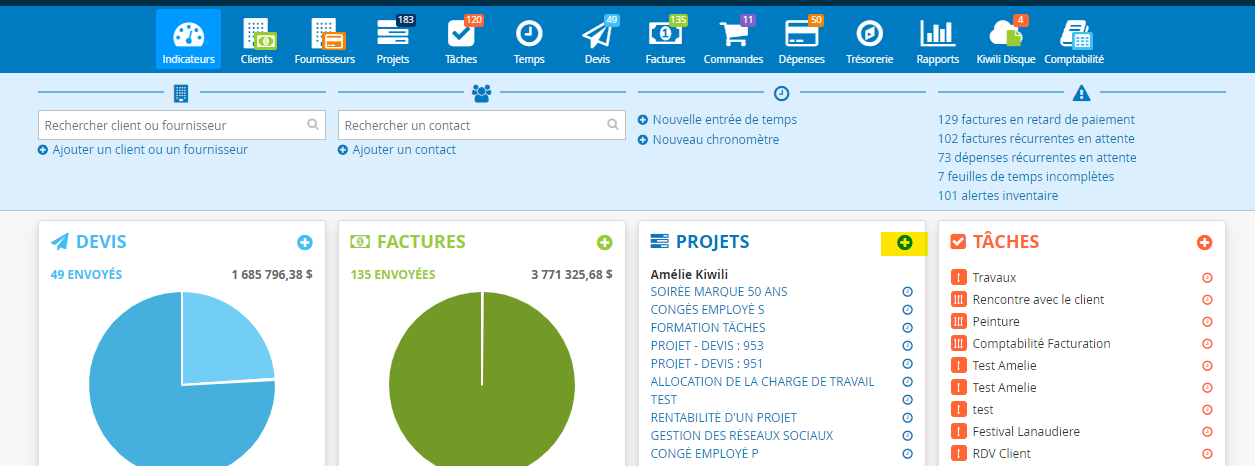 Ajout d'un projet depuis la page indicateurs