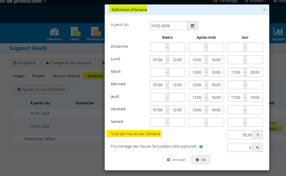 Charge de travail théorique informations horaire