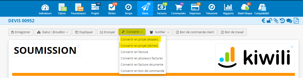 Convertir un devis en nouveau projet