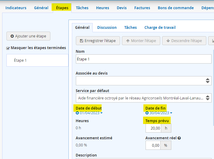 Etape des projets et temps prévu