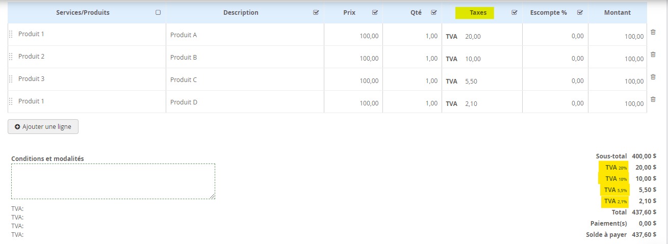 Affichage des taxes dans la partie création de la facture