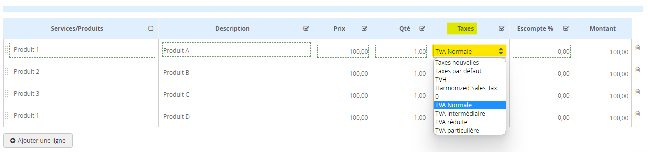 Choisir une taxe sur la facture multitaxes