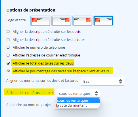 Configuration d'affichage des taxes sur les documents