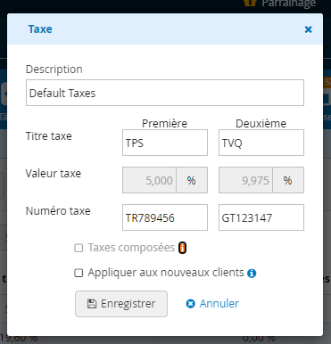 Création d'une nouvelle taxe dans le logiciel TPS TVQ