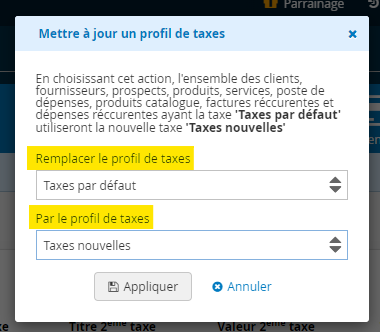 Mises a jour du profil de taxe dans les fiches clients