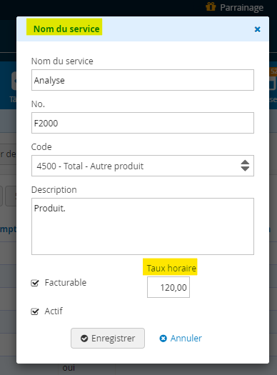 Paramétrage facturation taux par services tarif