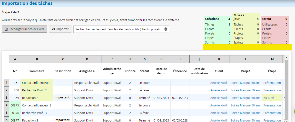Amélioration des tableaux des tâches pour l'importation