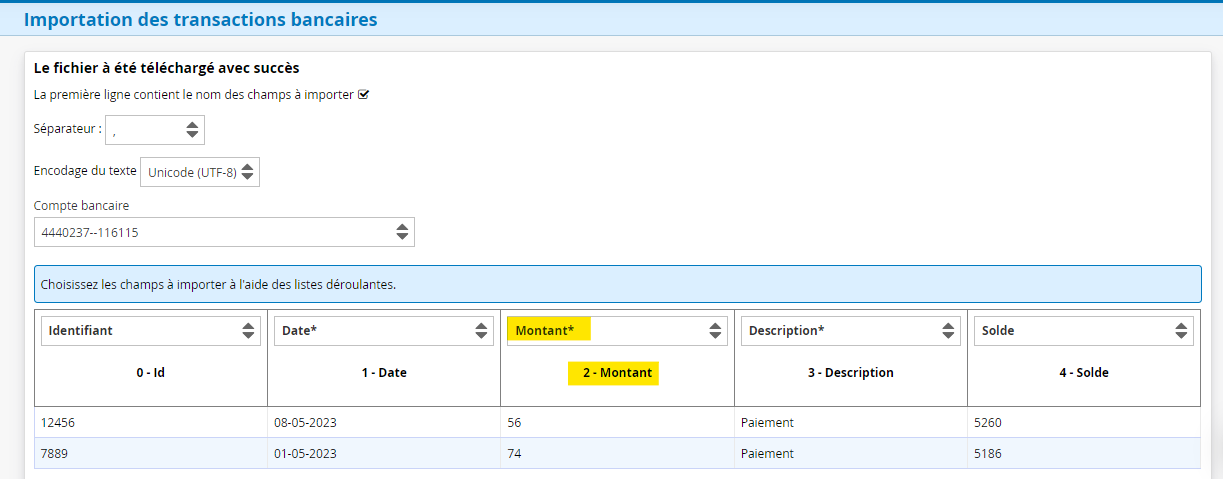 Colonnes montant du fichier CSV pout la conciliation