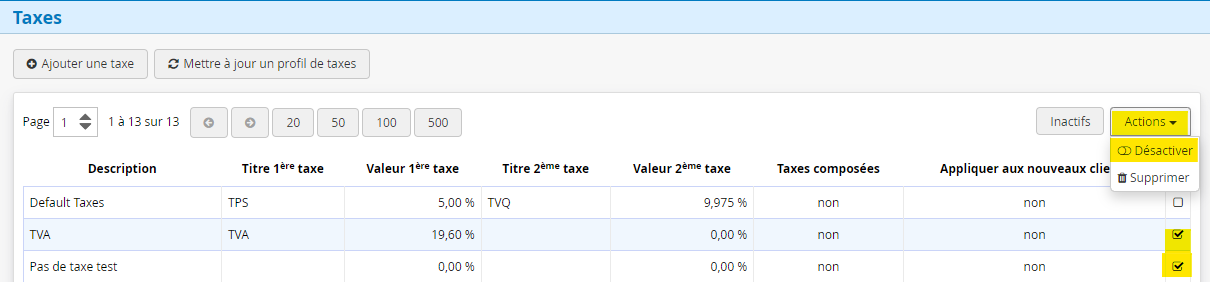 Désactiver un profil de taxe dans le logiciel