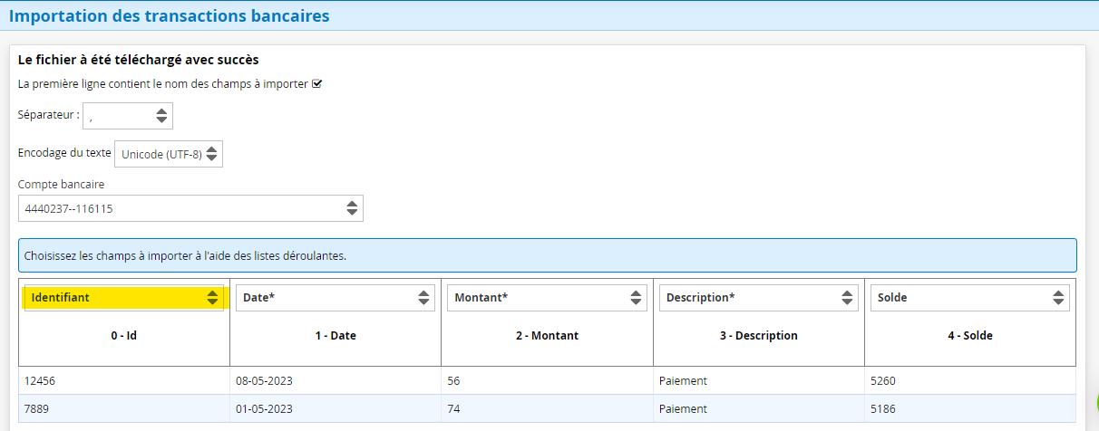 Fichier CSV identification des transactions bancaires