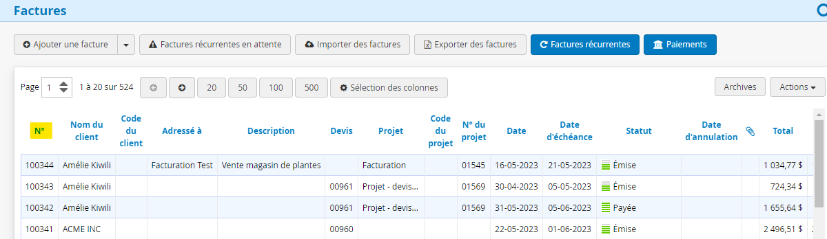 Liste des factures tri par numéro