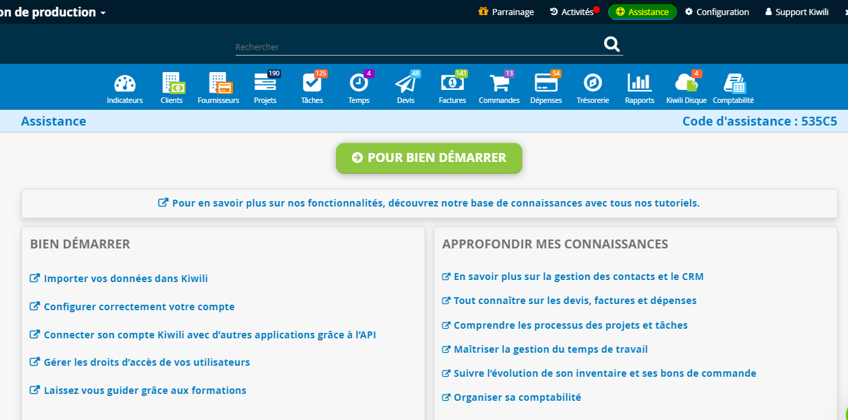 Page assistance du logiciel