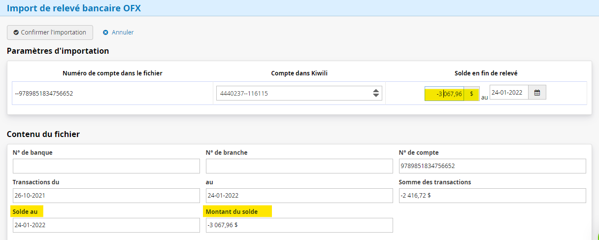 Vérifications soldes des transactions bancaire pour l'importation de fichier OFX conciliation