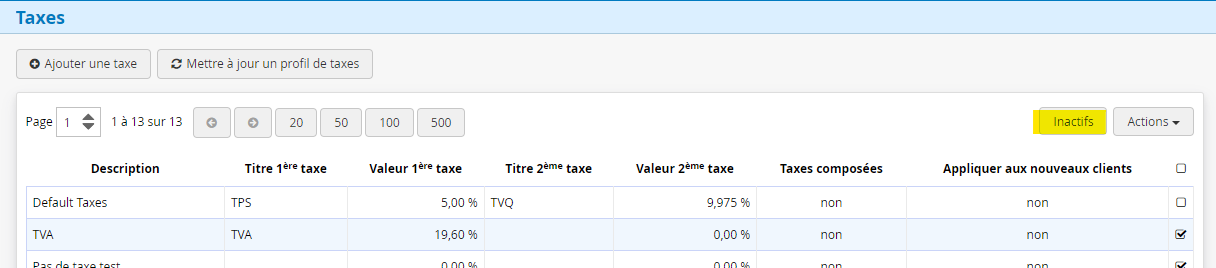 liste des profils de taxe inactifs