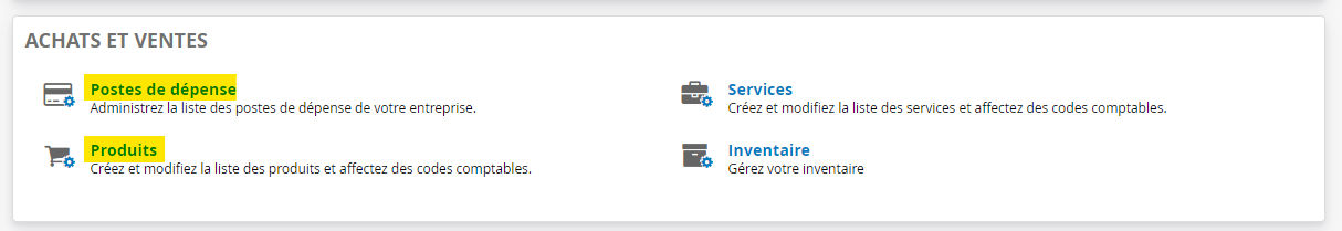 Achat vente postes de dépense produits