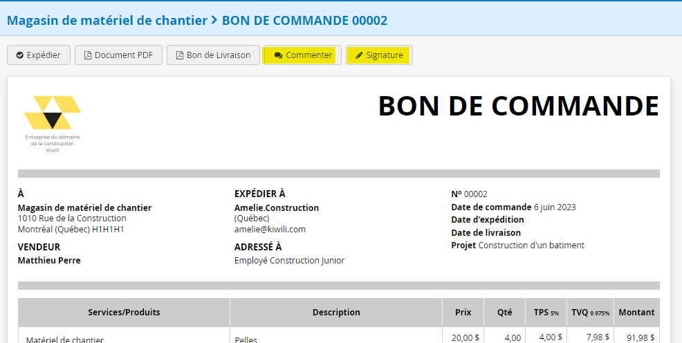 Commenter et signer le bon de commande fournisseur en ligne