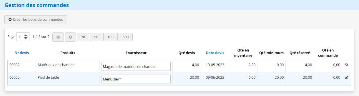 Gestion des commandes en fonction des devis