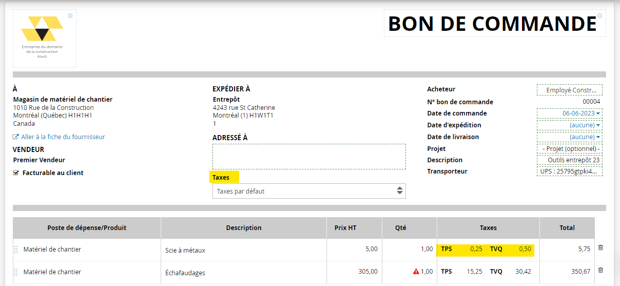 Gestion des taxes dans le bon de commande
