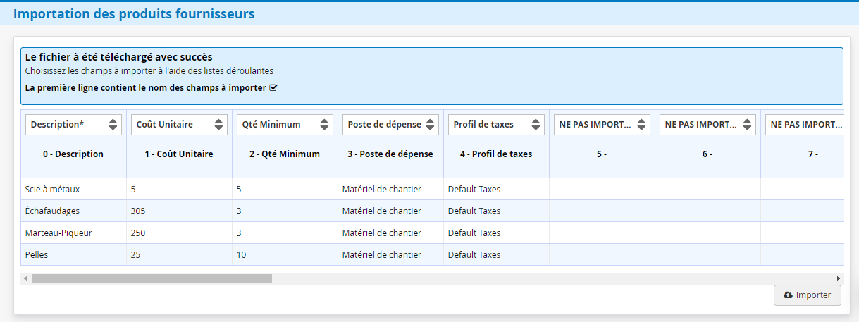 Importation du fichier pour le catalogue fournisseur dans le logiciel