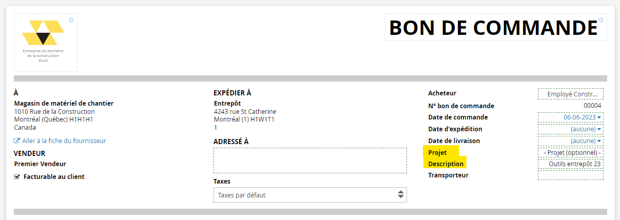 Info projet et description sur le bon de commande fournisseur