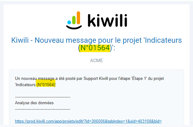 numero de projet dans les notification des discussions sur les étapes