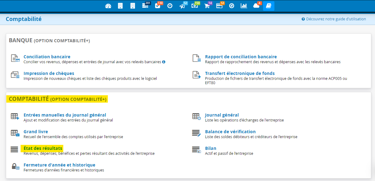 États des résultats logiciel comptable