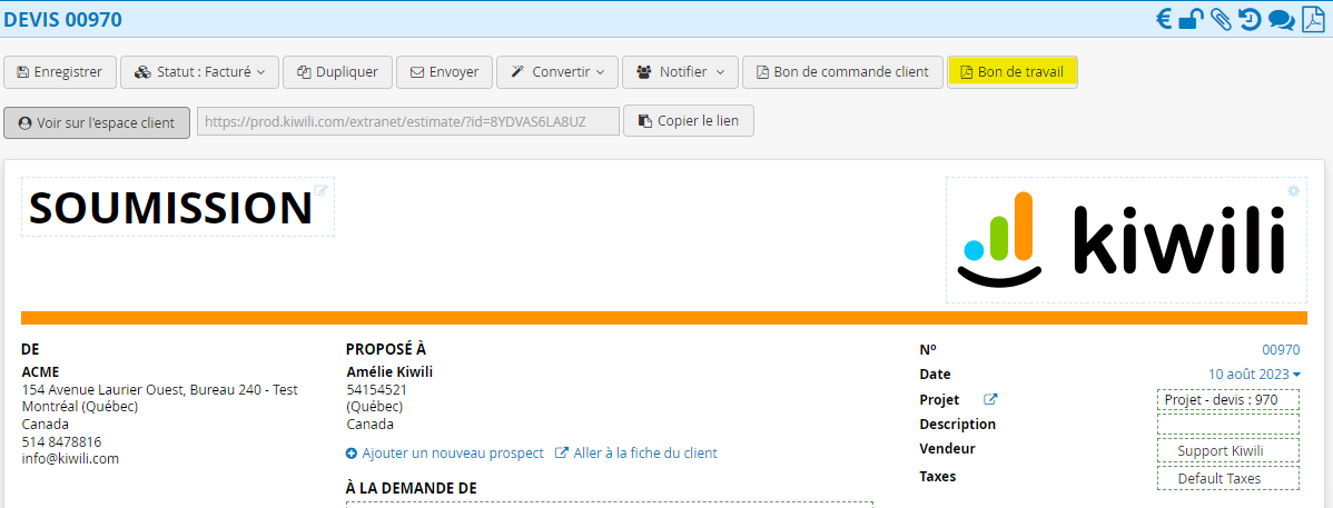 Bon de travail depuis un devis logiciel