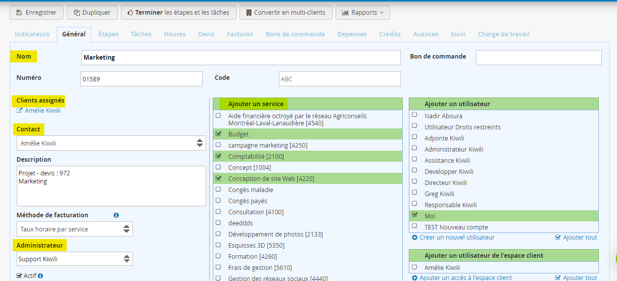 Conversion d'une soumission en projet onglet general