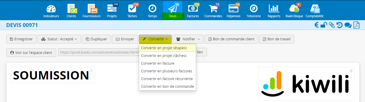 Convertir un devis en projet étapes