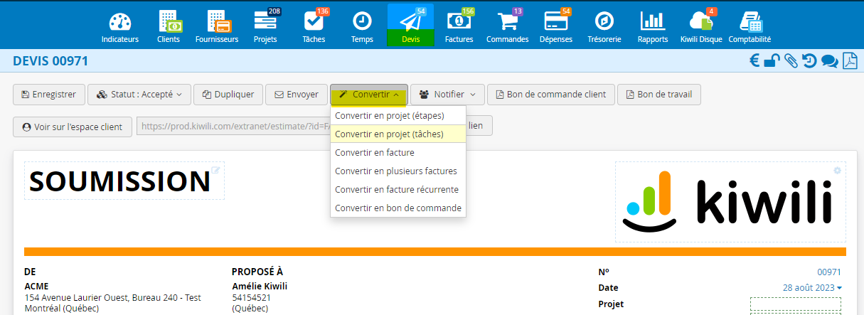 Convertir un devis en projet taches