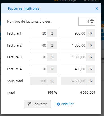 Factures multiples convertir une soumission en plusieurs factures