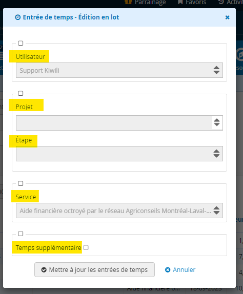 Édition en lot des entrées de temps options disponibles
