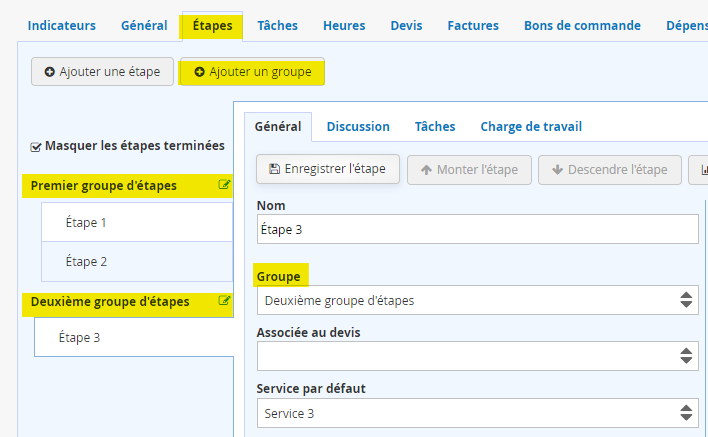 Groupe d'étapes dans les projets