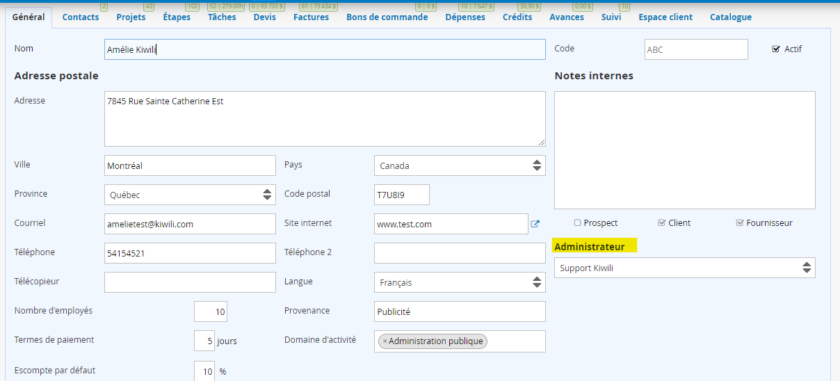 Administrateur de la fiche client ou fournisseur