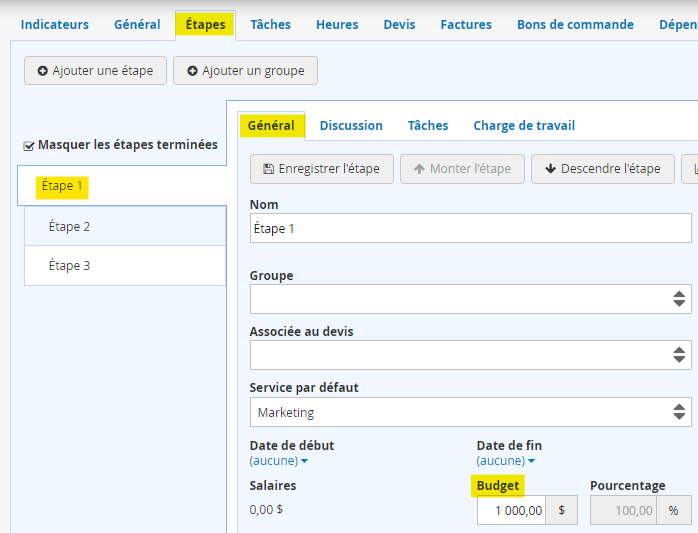 Affectation du budget par étape