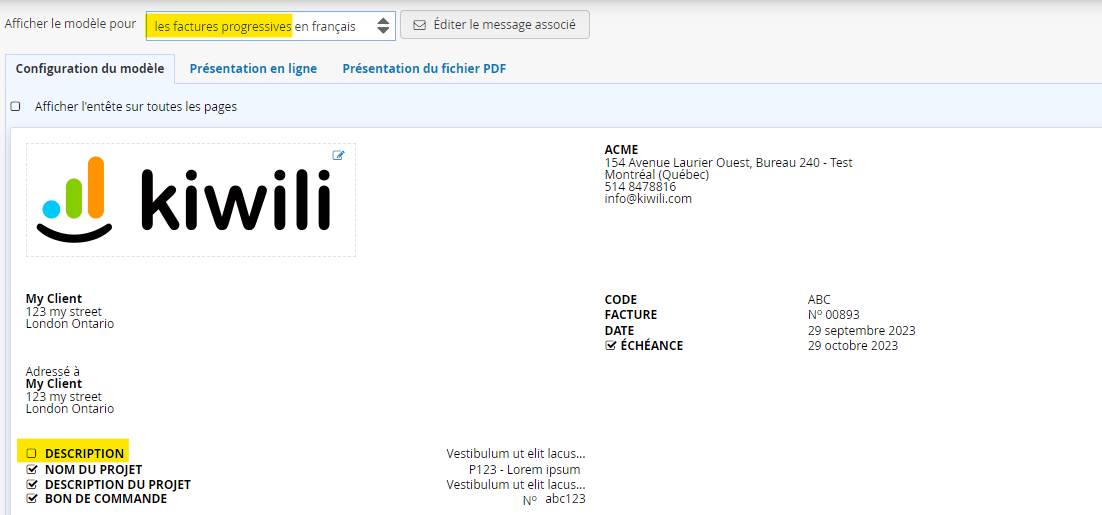 Affichage de la description de la facture dans les factures progressives
