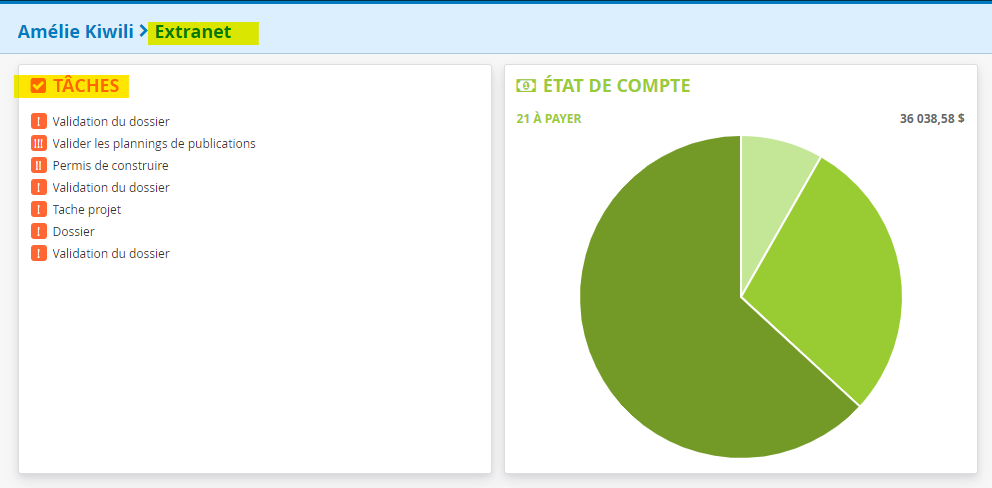 Affichage des taches dans l'espace client