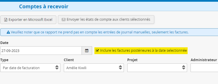 Ajout des factures postérieures à la date sélectionnée dans les comptes à recevoir