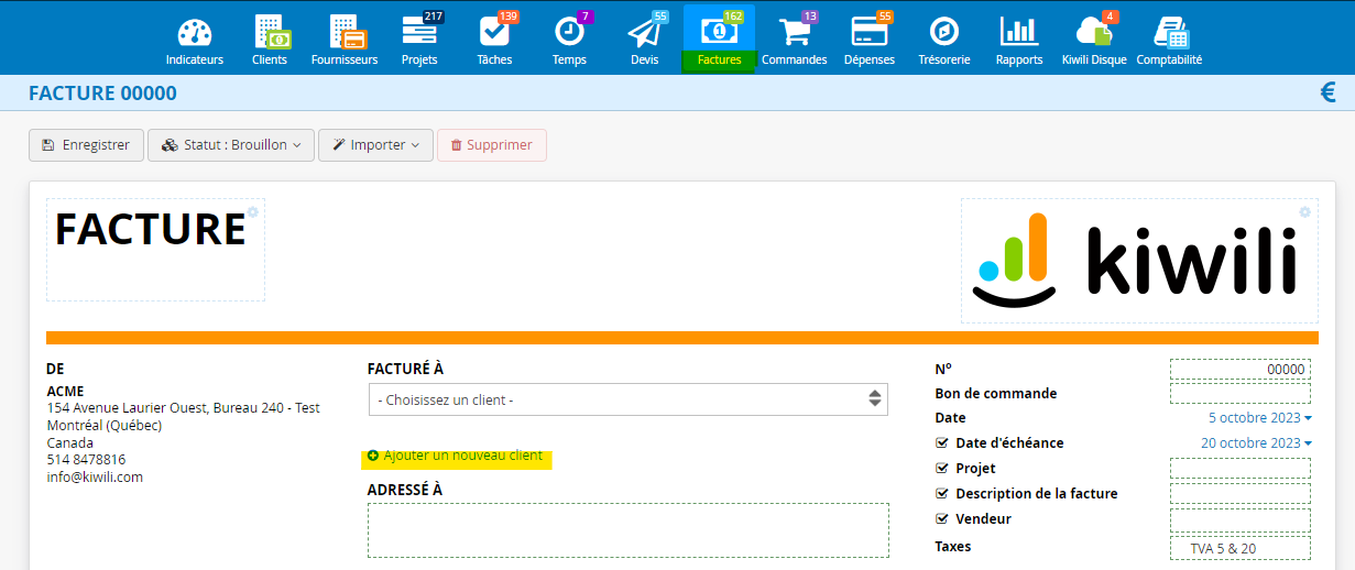 Ajouter un nouveau client depuis une facture un devis un projet