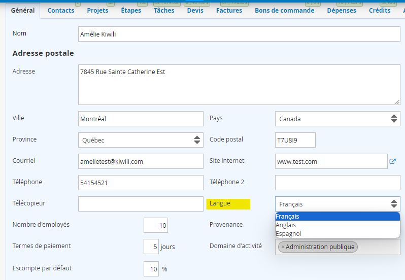 Choix de la langue du client ou du fournisseurs dans le SAAS Kiwili