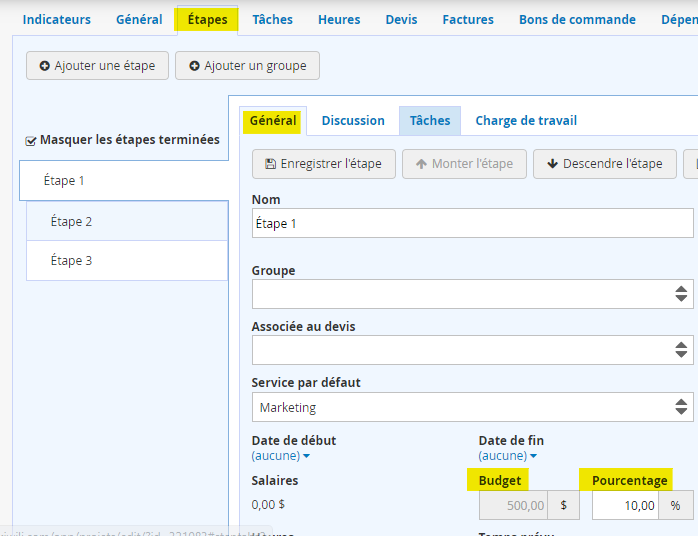 Étape du projet affectation du pourcentage du budget