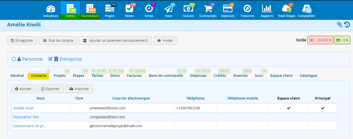 Fiche contact du Saas