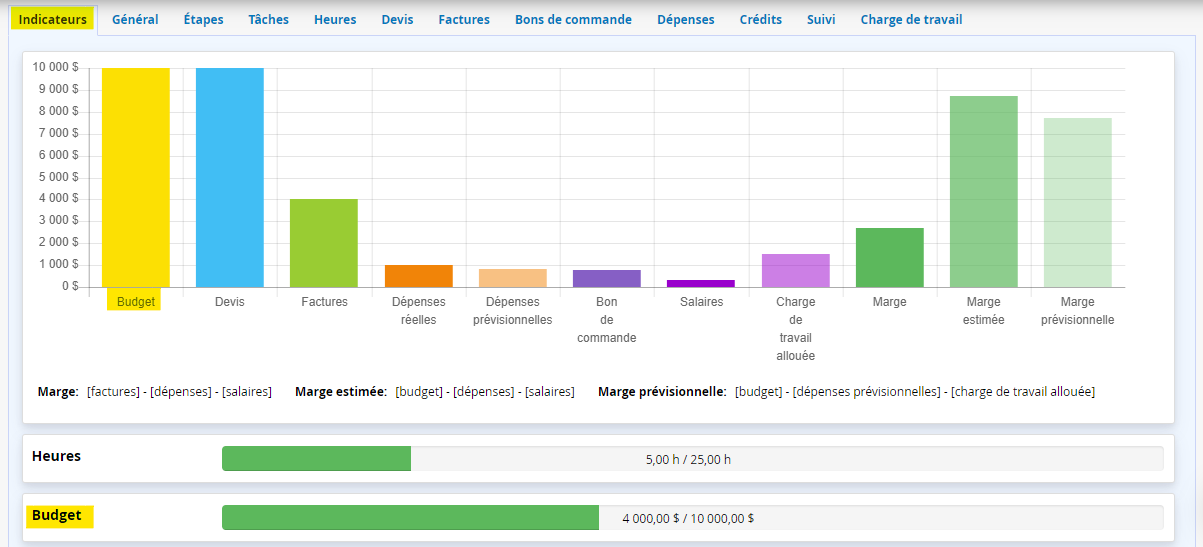 Indicateurs de projet budget financier avancement