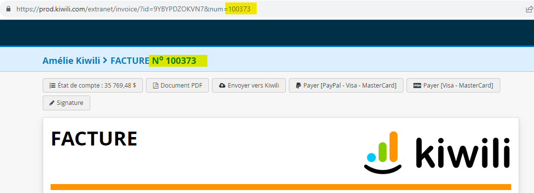 Numéro de facture dans l'url de la facture en ligne