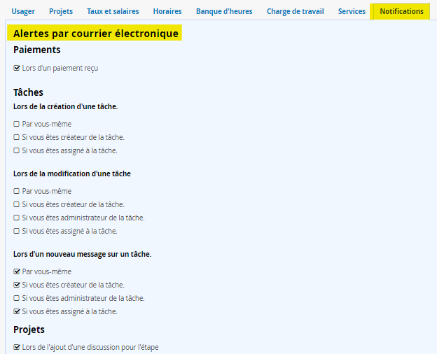 Onglet notification dans le profil utilisateur